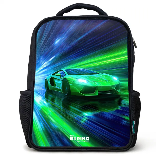 Cartable - Voiture de course - Vert vif - Faisceaux lumineux - Vitesse