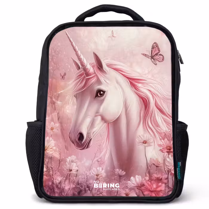 Sac à dos enfant - Noir - Licorne - Rose - Papillons - Fleurs