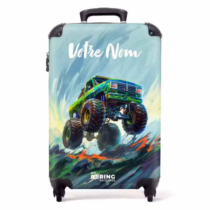 Valise avec nom - Camion monstre vert avec coups de pinceau