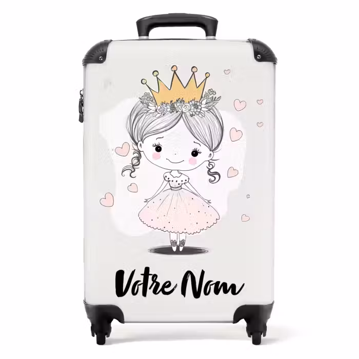 Valise avec nom - Princesse avec couronne et cœurs roses