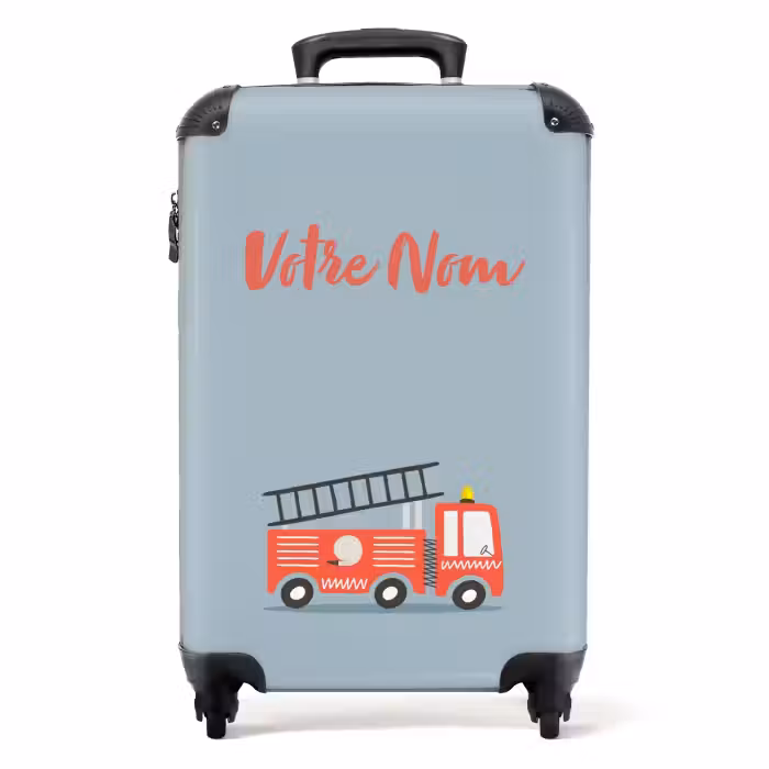 Valise avec nom - Véhicule d'incendie sur fond bleu