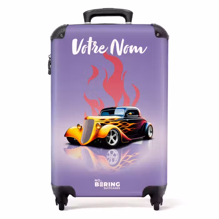 Valise avec nom - Voiture jaune avec flammes roses