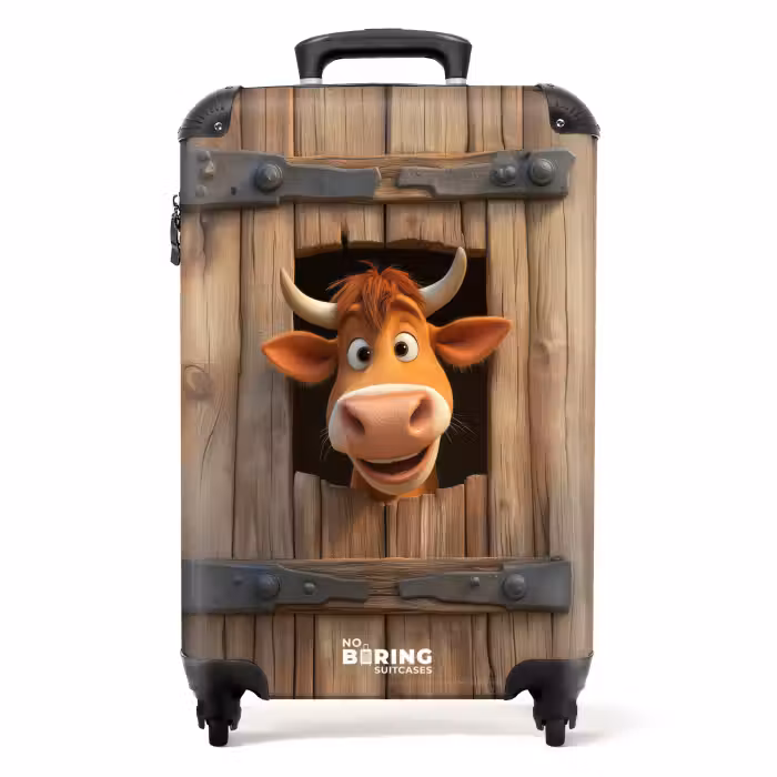 Valise - Un taureau brun passe la tête à travers une porte en bois