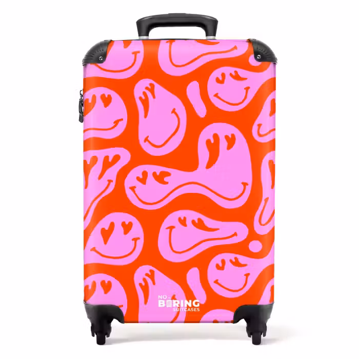 Valise - Figures abstraites avec smiley et yeux en forme de coeur sur fond rouge et rose