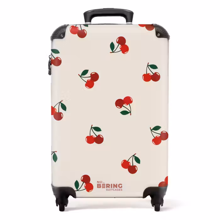 Valise - Fond beige avec motif de grosses cerises