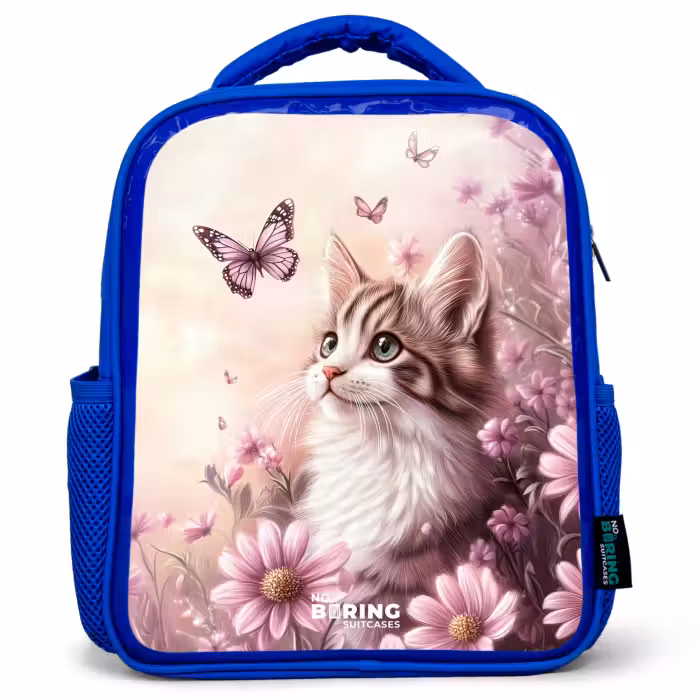 Sac à dos enfant - Bleu - Chat - Mauve - Papillons - Fleurs