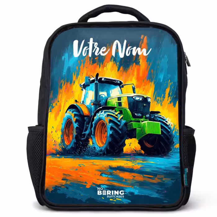 Sac à dos enfant avec votre nom - Noir - Abstrait - Tracteur - Vert