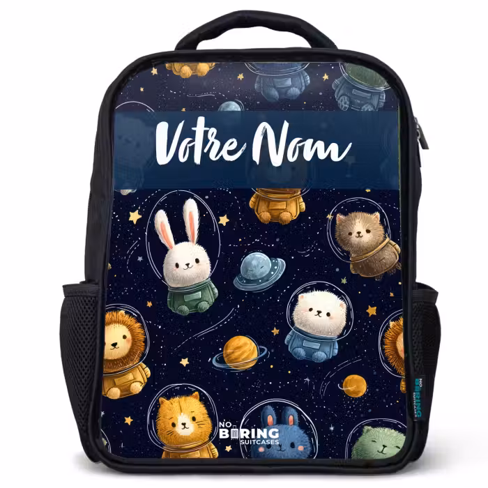 Sac à dos enfant avec votre nom - Noir - Animaux - Astronaute - Planètes - Étoiles