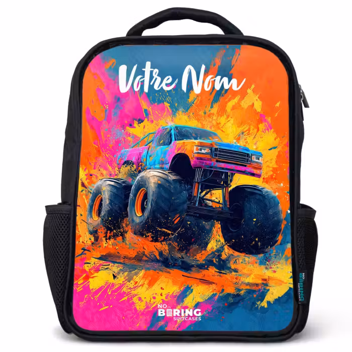Sac à dos enfant avec votre nom - Noir - Camion monstre - Abstrait - Éclaboussures de peinture - Coloré