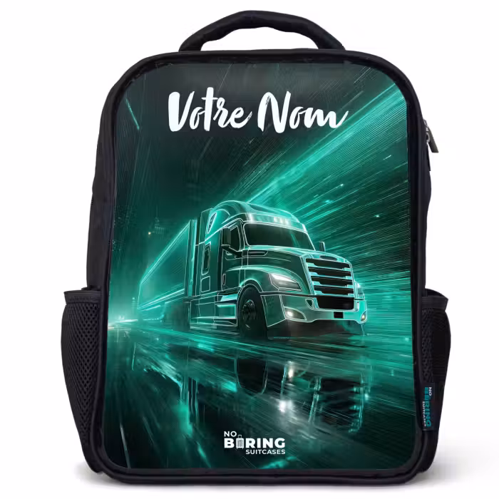 Sac à dos enfant avec votre nom - Noir - Camion - Ville - Vert - Néon
