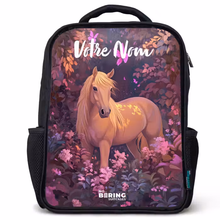 Sac à dos enfant avec votre nom - Noir - Cheval - Fleurs - Violet - Papillon