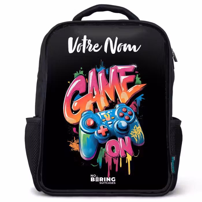 Sac à dos enfant avec votre nom - Noir - Contrôleur - Jeu - Graffiti - Texte