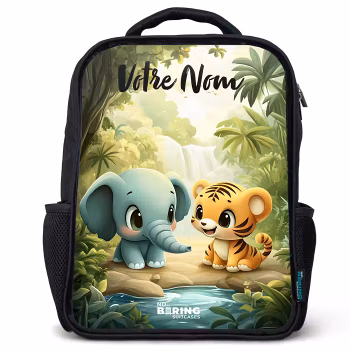 Sac à dos enfant avec votre nom - Noir - Éléphant - Tigre - Forêt - Jungle