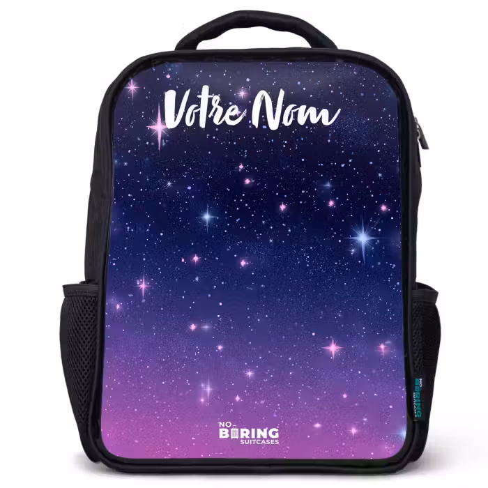 Sac à dos enfant avec votre nom - Noir - Étoiles - Galaxie - Bleu - Rose