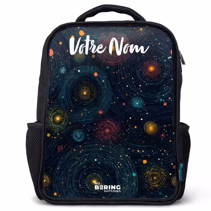 Sac à dos enfant avec votre nom - Noir - Étoiles - Planètes - Colorées