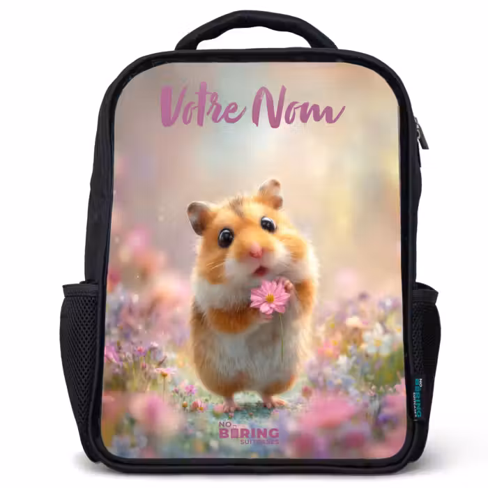 Sac à dos enfant avec votre nom - Noir - Hamster - Fleur - Nature - Animal