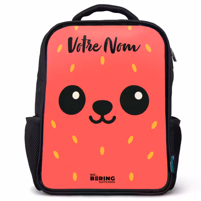 Sac à dos enfant avec votre nom - Noir - Kawai - Fraise - Rouge