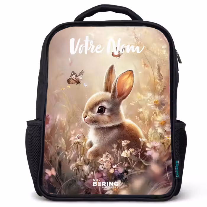 Sac à dos enfant avec votre nom - Noir - Lapin - Marron - Fleurs - Papillons