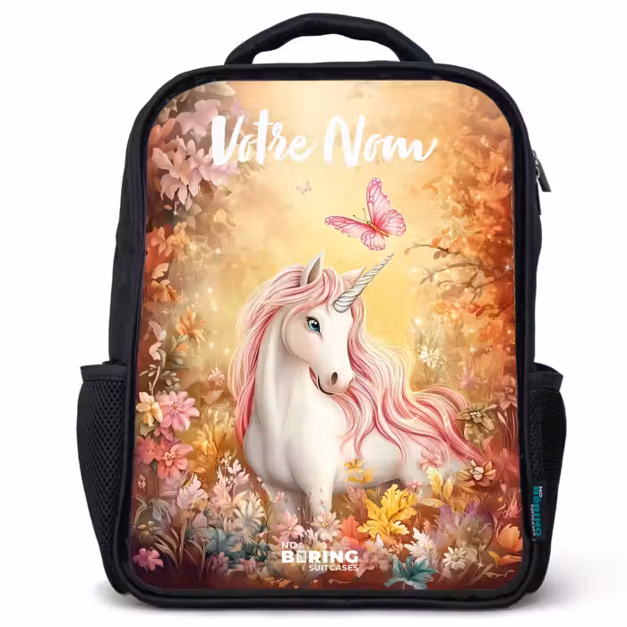 Sac à dos enfant avec votre nom - Noir - Licorne - Papillon - Rose - Crinière