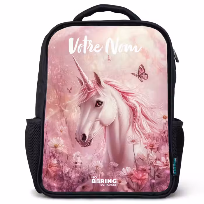 Sac à dos enfant avec votre nom - Noir - Licorne - Rose - Papillon - Fleurs