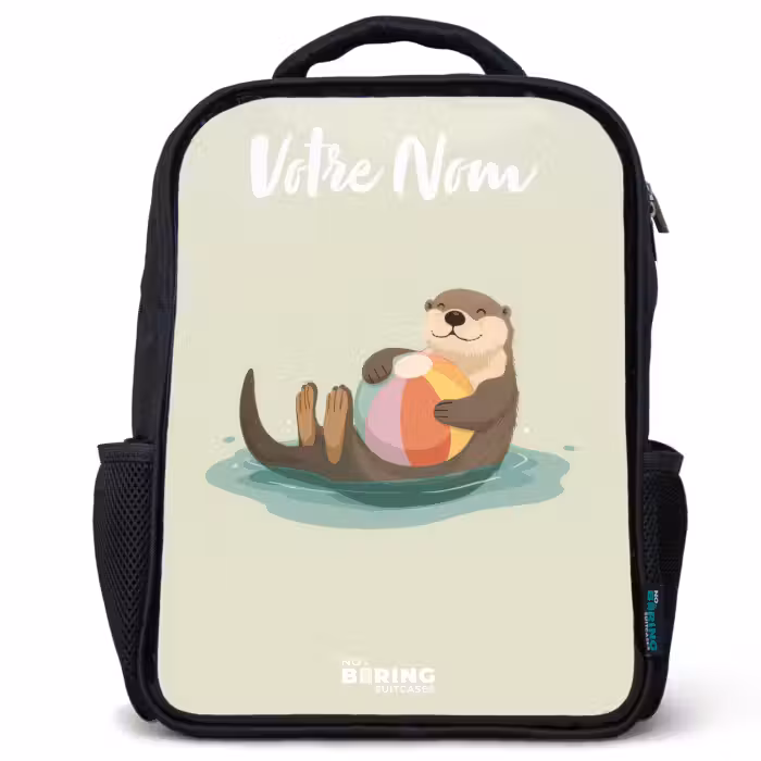 Sac à dos enfant avec votre nom - Noir - Loutre - Ballon de plage - Eau