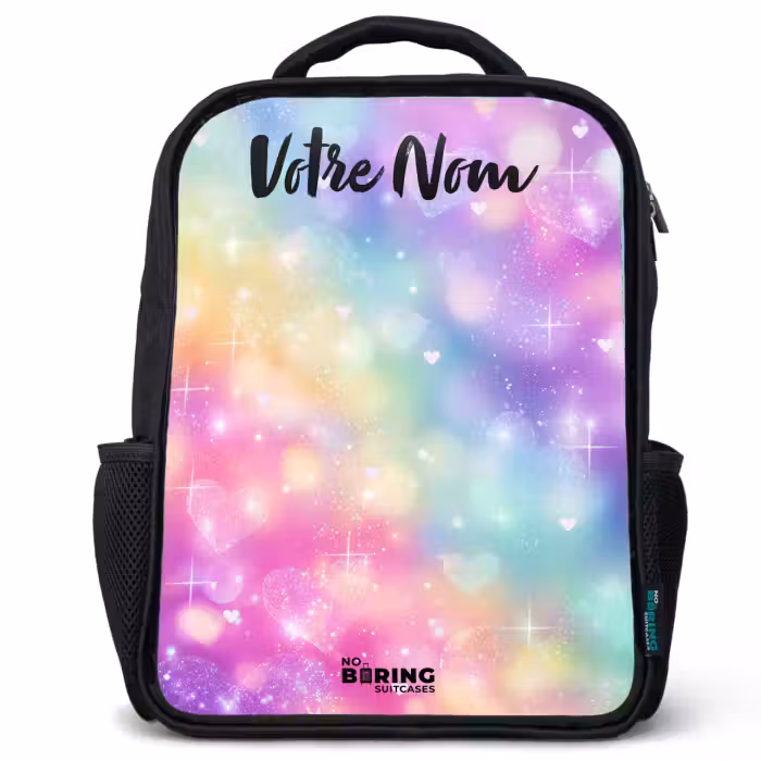 Sac à dos enfant avec votre nom - Noir - Lumière - Arc-en-ciel - Coeurs