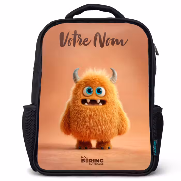 Sac à dos enfant avec votre nom - Noir - Monstre pelucheux orange avec cornes