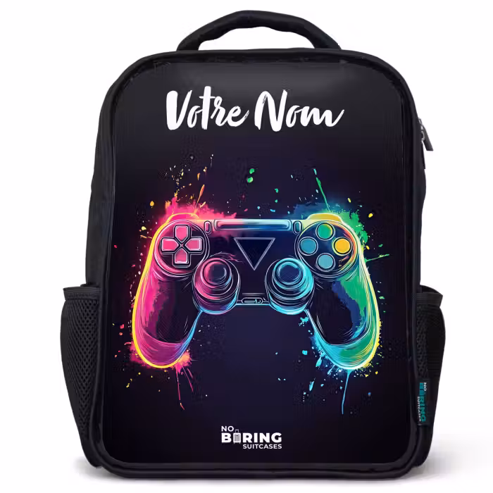 Sac à dos enfant avec votre nom - Noir - Néon - Contrôleur - Éclaboussures de peinture - Jeu