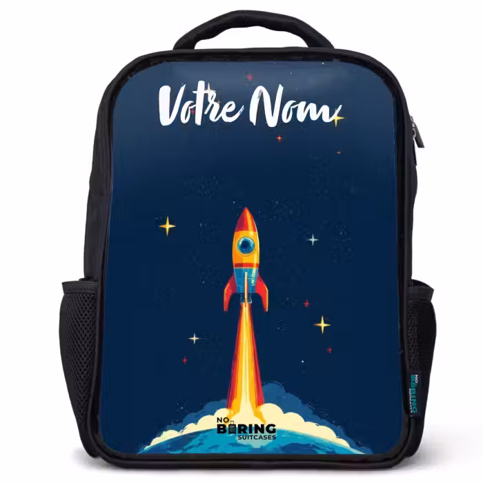 Sac à dos enfant avec votre nom - Noir - Planète - Fusée - Étoiles - Bleu foncé