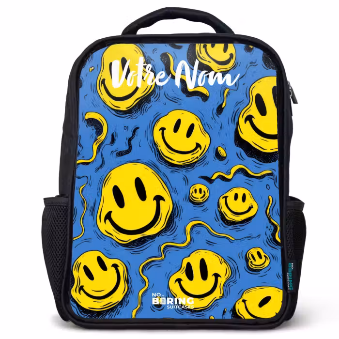Sac à dos enfant avec votre nom - Noir - Smiley - Bleu - Jaune