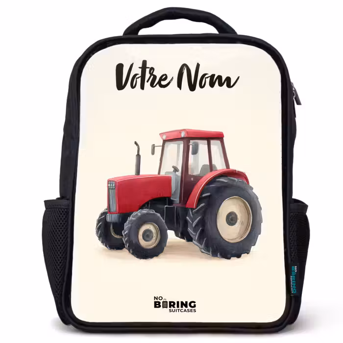 Sac à dos enfant avec votre nom - Noir - Tracteur - Signé - Rouge