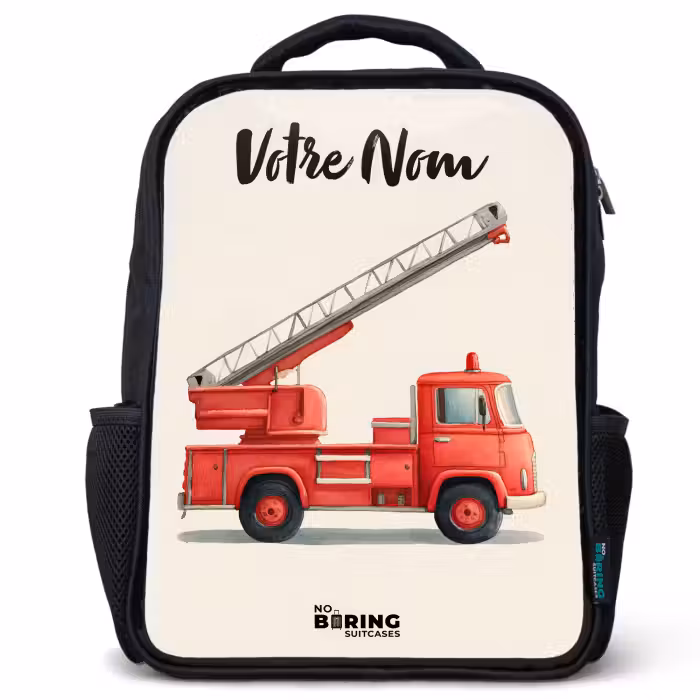 Sac à dos enfant avec votre nom - Noir - Véhicule de pompiers - Signé - Rouge