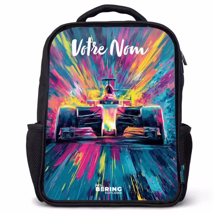 Sac à dos enfant avec votre nom - Noir - Voiture de course - Abstrait - Rayures - Bleu
