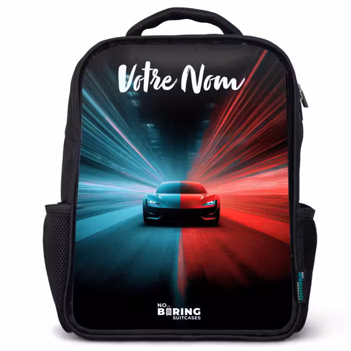 Sac à dos enfant avec votre nom - Noir - Voiture de sport - Bleu - Néon - Ville