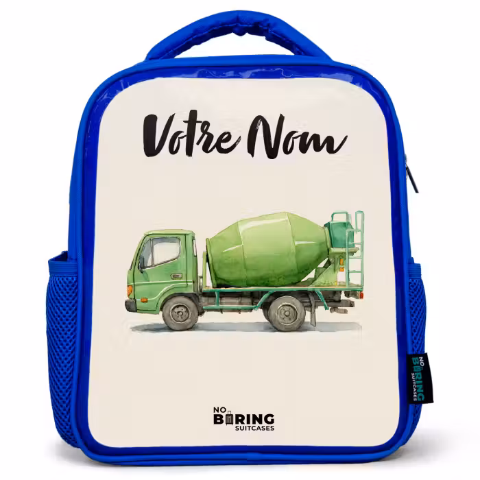 Sac à dos enfant avec votre nom - Bleu - Bétonnière - Signée - Verte