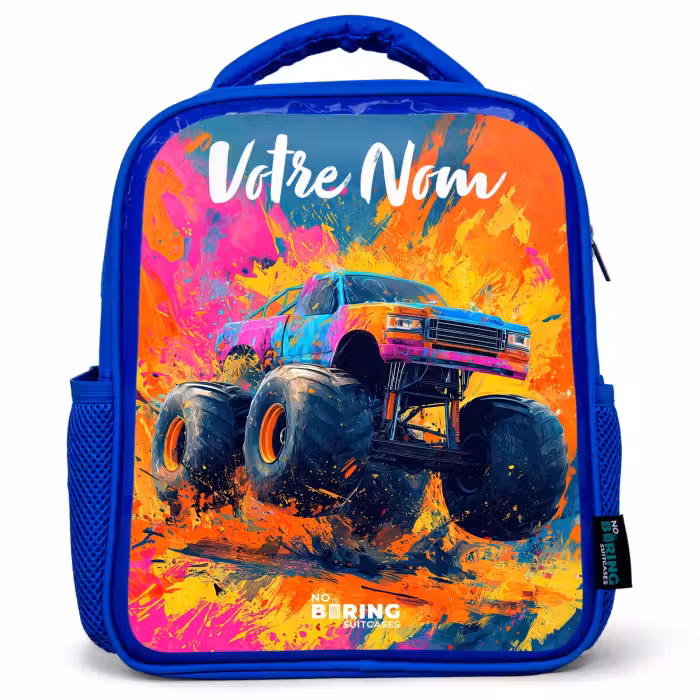Sac à dos enfant avec votre nom - Bleu - Camion monstre - Abstrait - Éclaboussures de peinture - Coloré