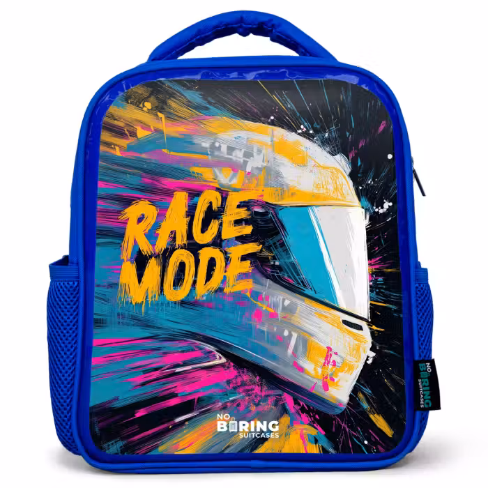 Sac à dos enfant - Bleu - Casque de course - Éclaboussures de peinture - Coups de pinceau - Mode de course