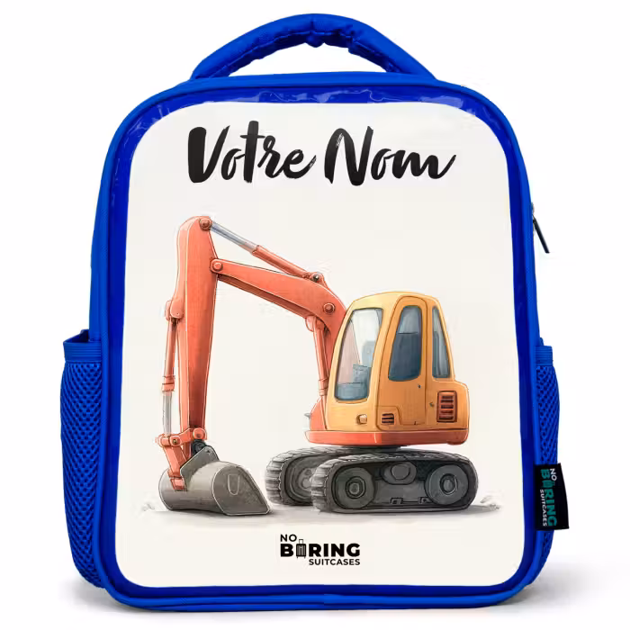 Sac à dos enfant avec votre nom - Bleu - Excavateur - Signé - Orange