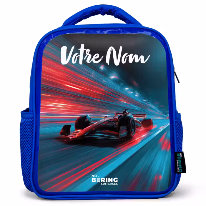 Sac à dos enfant avec votre nom - Bleu - Formule 1 - Voiture de course - Rouge - Néons