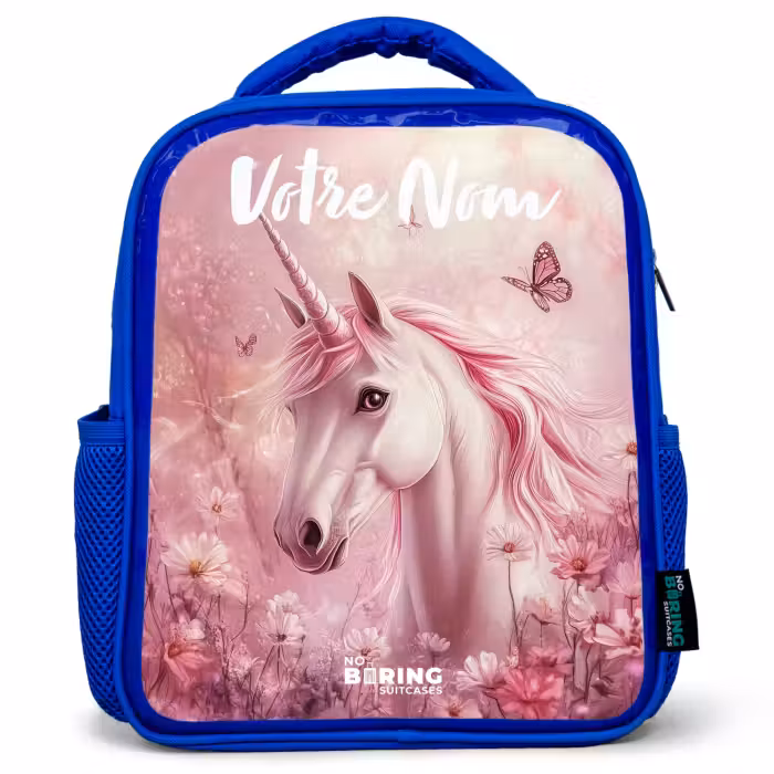 Sac à dos enfant avec votre nom - Bleu - Licorne - Rose - Papillon - Fleurs