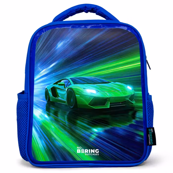 Sac à dos enfant - Bleu - Voiture de course - Vert vif - Faisceaux lumineux - Vitesse