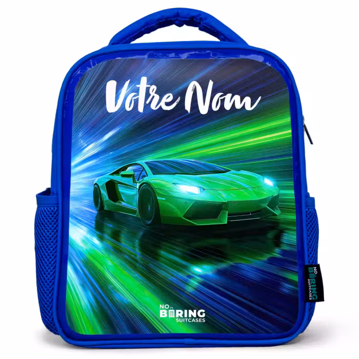 Sac à dos enfant avec votre nom - Bleu - Voiture de sport - Vert - Lignes de vitesse - Néon