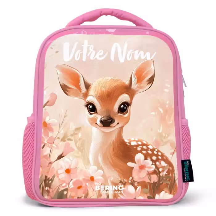 Sac à dos enfant avec votre nom - Rose - Cerf - Fleurs - Points - Rose