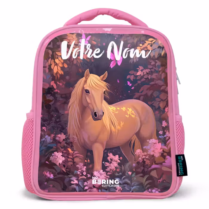 Sac à dos enfant avec votre nom - Rose - Cheval - Fleurs - Violet - Papillon