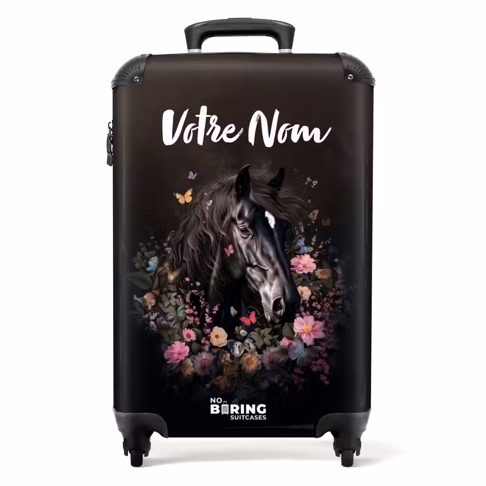 Valise avec nom - Cheval noir avec une crête blanche et des fleurs colorées — 1