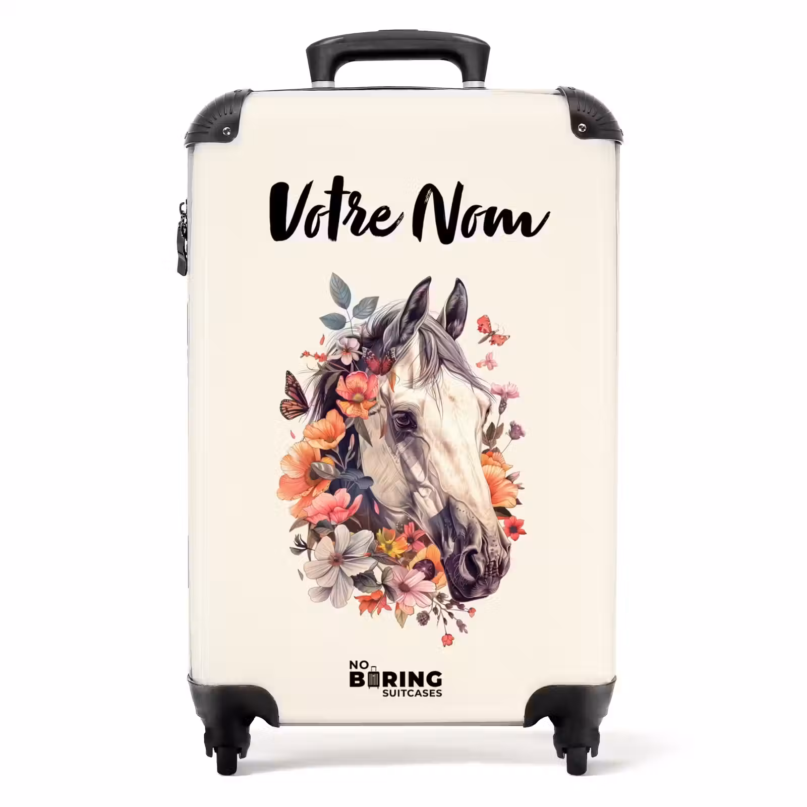 Valise avec nom - Tête de cheval blanc entourée de fleurs et de papillons — 1