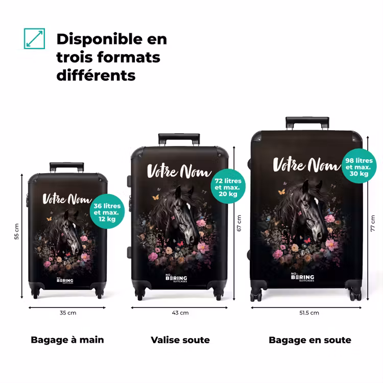 Valise avec nom - Cheval noir avec une crête blanche et des fleurs colorées — 3