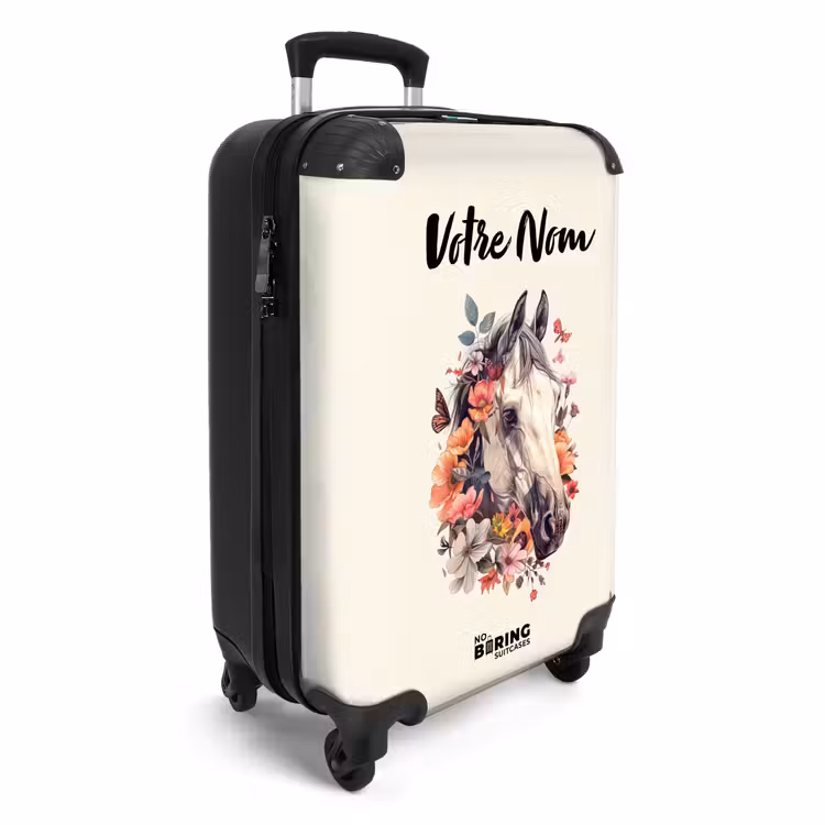 Valise avec nom - Tête de cheval blanc entourée de fleurs et de papillons — 2