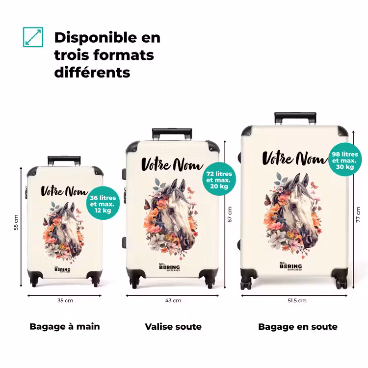 Valise avec nom - Tête de cheval blanc entourée de fleurs et de papillons — 3