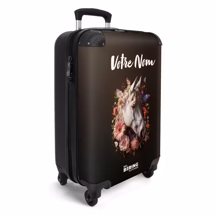 Valise avec nom - Tête de cheval blanc parmi une guirlande de fleurs colorées — 2